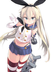 Rule 34 | 1girl, :3, blonde hair, blue eyes, blue skirt, blush, breasts, buttons, commentary request, elbow gloves, gloves, grin, hair ornament, hairband, highres, kantai collection, long hair, looking at viewer, medium breasts, miniskirt, navel, panties, pleated skirt, rensouhou-chan, sailor collar, salamander (hop-step), school uniform, serafuku, shimakaze (kancolle), simple background, skirt, small breasts, smile, solo, striped clothes, striped thighhighs, thighhighs, underwear, white background, white gloves