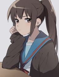 Rule 34 | 1girl, blue sailor collar, brown cardigan, brown eyes, brown hair, cardigan, closed mouth, commentary request, commission, genderswap, genderswap (mtf), grey background, hand on own cheek, hand on own face, kita high school uniform, kojiro sbcl, kyonko, long hair, long sleeves, looking at viewer, open cardigan, open clothes, ponytail, red ribbon, ribbon, sailor collar, school uniform, serafuku, simple background, skeb commission, solo, suzumiya haruhi no yuuutsu, table, upper body