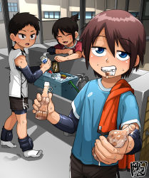 Rule 34 | 3boys, blue eyes, brown hair, cooler, closed eyes, fang, highres, ice, kaminosaki, pantyhose under shorts, looking at viewer, male focus, mouth hold, multiple boys, open mouth, original, pantyhose, papico (ice cream), religious offering, shade, shirt, short ponytail, shorts, sleeveless, sleeveless shirt, socks, sportswear, sweat, towel on one shoulder