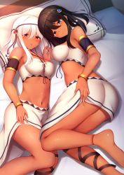 Rule 34 | 2girls, :o, ankle ribbon, armlet, ass, bandeau, bangle, bare shoulders, barefoot, black hair, blue eyes, blush, bracelet, breasts, commentary request, dark-skinned female, dark skin, gold, groin, hair between eyes, hairband, hand on own thigh, highres, jewelry, large breasts, leg ribbon, long hair, looking at viewer, lying, medium breasts, momo no kanzume, multiple girls, navel, on side, original, red eyes, ribbon, shiny skin, sidelocks, skirt, smile, stomach, tareme, thighs, white hair, white skirt