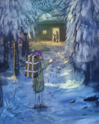 Rule 34 | 3girls, backpack, bag, from behind, hat, house, long hair, looking at another, multiple girls, purple hair, reisen udongein inaba, rock, roke (taikodon), snow, touhou, tree, waving