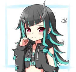 Rule 34 | 1girl, nanashi inc., belt, belt bra, black hair, black jacket, blue belt, blue hair, blush, chest belt, closed mouth, clothing cutout, commentary request, cropped jacket, cross-laced clothes, cross-laced sleeves, demon girl, demon horns, fang, fang out, flat chest, highres, horns, jacket, long hair, long sleeves, looking at viewer, mol fire893, multicolored hair, open clothes, open jacket, pointy ears, red eyes, shishio chris, shoulder cutout, signature, skin fang, smile, solo, sugar lyric, two-tone hair, upper body, virtual youtuber, white background