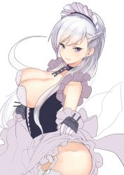 Rule 34 | 1girl, azur lane, bad id, bad twitter id, bare shoulders, belfast (azur lane), blue hair, braid, breasts, chain, cleavage, clothes lift, dress, dress lift, french braid, garter straps, gloves, highres, holding, holding clothes, holding skirt, kigawa rin, large breasts, long hair, looking at viewer, maid, maid headdress, parted lips, silver hair, skirt, smile, solo, unfinished, white background