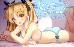 Rule 34 | 1girl, alternate costume, ass, bikini, blonde hair, blue bikini, blush, bow, breasts, commentary request, earrings, ereshkigal (fate), fang, fate/grand order, fate (series), hair ornament, jewelry, kumakou, long hair, looking at viewer, lying, medium breasts, on stomach, parted bangs, red eyes, ribbon, skin fang, solo, swimsuit, translation request, two side up