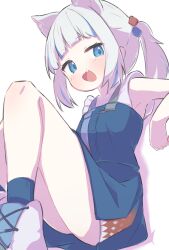 Rule 34 | 1girl, animal ears, blue hair, casual, cat ears, cube hair ornament, gawr gura, gawr gura (casual), hair ornament, highres, hololive, hololive english, inaririn, looking at viewer, multicolored hair, official alternate costume, open mouth, ponytail, shark girl, sharp teeth, shoes, short sleeves, smile, sneakers, solo, streaked hair, teeth, two-tone hair, virtual youtuber, white hair