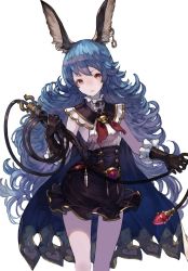Rule 34 | 1girl, animal ears, armpits, blue hair, breasts, brown eyes, cape, chobi (sakuyasakuhana), cowboy shot, curly hair, dress, earrings, ferry (granblue fantasy), frilled dress, frills, gloves, granblue fantasy, highres, holding, jewelry, long hair, looking at viewer, sailor collar, sideboob, simple background, upper body, wavy hair, whip, white background