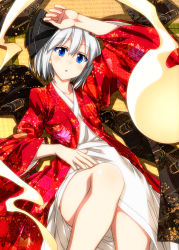 Rule 34 | 1girl, :o, alternate costume, arm up, bare legs, blue eyes, blush, collarbone, colored eyelashes, commentary request, feet out of frame, floral print, from above, hair between eyes, hand on own stomach, haori, head tilt, highres, hitodama, japanese clothes, kimono, knee up, konpaku youmu, konpaku youmu (ghost), long sleeves, looking at viewer, on floor, open clothes, parted lips, sazanami mio, shadow, silver hair, solo, tatami, thighs, touhou, white kimono, wide sleeves