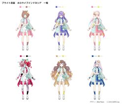 Rule 34 | 6+girls, airani iofifteen, anya melfissa, area 15, asymmetrical legwear, ayunda risu, bow, bow shorts, bow skirt, character sheet, cropped shirt, everyone, frilled skirt, frills, full body, half-skirt, highres, hololive, hololive idol uniform (bright), hololive indonesia, holoro, idol, kureiji ollie, large bow, layered sleeves, long sleeves, looking at viewer, mika pikazo, mismatched legwear, moona hoshinova, multicolored clothes, multicolored shorts, multiple girls, official alternate costume, official art, overskirt, patchwork skin, pavolia reine, puffy short sleeves, puffy sleeves, shoes, short over long sleeves, short sleeves, shorts, simple background, skirt, smile, sneakers, socks, thigh strap, virtual youtuber, white background, white footwear, wrist cuffs, zombie