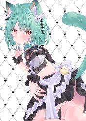 Rule 34 | absurdres, ahoge, animal ears, ass, bent over, bird, black dress, cat ears, cat girl, cat tail, chick, clothes lift, dress, dress lift, ear piercing, foreshortening, frilled dress, frilled straps, frills, green hair, hair ornament, highres, hololive, low twintails, medium hair, moizumi shipon, off-shoulder dress, off shoulder, piercing, piyoko (uruha rushia), pom pom (clothes), pom pom hair ornament, red eyes, see-through, see-through sleeves, short dress, short sleeves, short twintails, skull hair ornament, tail, twintails, upskirt, uruha rushia, uruha rushia (3rd costume), virtual youtuber