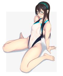 Rule 34 | 1girl, alternate costume, aqua eyes, arm support, bare arms, bare legs, bare shoulders, barefoot, black hair, blush, breasts, collarbone, commentary request, competition swimsuit, covered navel, full body, glasses, green eyes, groin, hairband, highleg, highleg swimsuit, highres, kantai collection, legs, long hair, looking at viewer, one-piece swimsuit, ooyodo (kancolle), semi-rimless eyewear, simple background, sitting, skindentation, small breasts, smile, solo, swimsuit, under-rim eyewear, wariza, white background, yuuji (and)