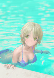 1girl :o aqua_nails bikini blonde_hair breasts cleavage commentary_request grey_eyes highres io_(io_oekaki) large_breasts looking_to_the_side nail_polish open_mouth original purple_bikini short_hair signature solo string_bikini swimsuit water