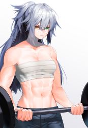 Rule 34 | 1girl, abs, biceps, breasts, chest sarashi, collarbone, commentary request, commission, cowboy shot, dodome ichika, exercising, fingernails, green eyes, hair between eyes, heterochromia, highres, long hair, messy hair, muscular, muscular female, navel, no shirt, original, sarashi, sidelocks, silver hair, skeb commission, small breasts, solo, veins, waka (shark waka), weightlifting, wide ponytail, yellow eyes