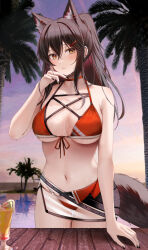 Rule 34 | 1girl, alternate costume, animal ears, arknights, bare arms, bare shoulders, bikini, black hair, black nails, blush, breasts, commentary, crossed bangs, hair ornament, hairclip, hand up, highres, large breasts, long hair, looking at viewer, nail polish, navel, outdoors, palm tree, parted lips, red bikini, ru zhai, see-through, solo, stomach, swimsuit, tail, texas (arknights), thigh gap, tree, underboob, water, yellow eyes