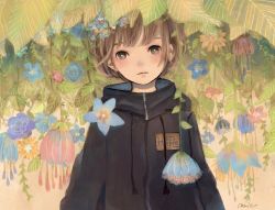 Rule 34 | 1girl, aqua flower, blue flower, blush, brown hair, expressionless, flower, hanging from ceiling, highres, leaf, looking at viewer, name tag, orie h, original, pink flower, short hair, signature, solo, upper body, yellow flower