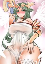 Rule 34 | 1girl, ashling (no-plan), bare shoulders, blush, bracer, breasts, dress, female focus, green eyes, green hair, hair ornament, jewelry, kid icarus, kid icarus uprising, large breasts, long hair, long skirt, lots of jewelry, matching hair/eyes, nintendo, palutena, skirt, solo, staff, standing, thighhighs, thighs, tiara, white wings, wings