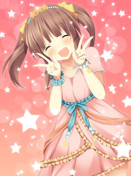Rule 34 | 10s, 1girl, :d, ^ ^, bad id, bad pixiv id, brown hair, closed eyes, double v, closed eyes, happy, idolmaster, idolmaster cinderella girls, ogata chieri, oniku (shimofuri-ke), open mouth, short twintails, smile, solo, twintails, v