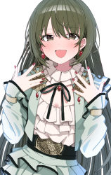 Rule 34 | 1girl, :d, absurdres, black eyes, blush, cowboy shot, earrings, frilled skirt, frills, green hair, green jacket, green skirt, hair between eyes, hands up, highres, idolmaster, idolmaster shiny colors, jacket, jewelry, long hair, long sleeves, looking at viewer, morumoru x, nail polish, nanakusa nichika, open mouth, red nails, simple background, skirt, smile, solo, standing, white background