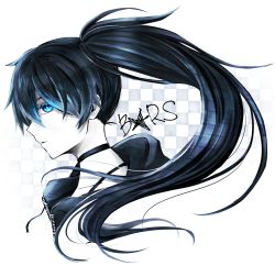 Rule 34 | 1girl, black choker, black hair, black rock shooter, black rock shooter (character), character name, checkered background, choker, copyright name, cropped torso, highres, long hair, looking at viewer, looking to the side, portrait, profile, reiro sakura, simple background, solo, twintails, very long hair, white background
