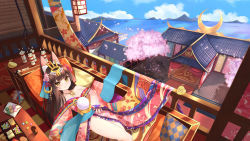 Rule 34 | 1girl, animal ears, architecture, azur lane, bed, bento, black hair, blue sky, breasts, cherry blossoms, cleavage, cloud, cloudy sky, collarbone, commentary request, cup, dango, east asian architecture, food, fox ears, hair ornament, horizon, island, japanese clothes, jewelry, kanzashi, kimono, long hair, long sleeves, looking at viewer, lying, manjuu (azur lane), mountain, mountainous horizon, nagato (azur lane), nagato (great fox&#039;s white gown) (azur lane), nagato (guardian fox&#039;s shining furisode) (azur lane), nc731, necklace, obi, ocean, petals, pillow, sash, sky, small breasts, tea, thighs, wagashi, wide sleeves, yellow eyes, yunomi