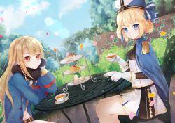 Rule 34 | 2girls, arch, ascot, azur lane, belt, black ascot, black gloves, black scarf, blonde hair, blue cape, blue coat, blue eyes, blue headwear, blue sky, braid, brick wall, brown belt, bush, cake, cake slice, cape, chair, cloud, coat, commentary request, crossed bangs, cup, day, dutch angle, epaulettes, food, garden, glint, gloves, hair between eyes, hair ornament, hardy (azur lane), hat, head rest, highres, holding, holding cup, hunter (azur lane), lens flare, light brown hair, long hair, long sleeves, looking at viewer, midriff, military hat, multiple girls, navel, no headwear, ougi (u to4410), outdoors, petals, plant, plate, red eyes, ribbon, sandwich, scarf, shirt, short shorts, shorts, sidelocks, sitting, skirt, sky, smile, table, tea, teacup, tiered tray, trench coat, white gloves, white shirt, white shorts, white skirt, x hair ornament