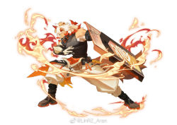 Rule 34 | 1boy, animal ears, arknights, bare shoulders, brown fur, clothes lift, dog boy, dog ears, fighting stance, fire, full body, furry, furry male, holding, holding shield, horns, hung (arknights), linrz aran, male focus, medium hair, multicolored hair, muscular, muscular male, orange eyes, orange hair, pectorals, pelvic curtain, pelvic curtain lift, serious, shield, shirt, sidepec, single horn, sleeveless, sleeveless shirt, solo, streaked hair, two-tone fur, weibo logo, weibo watermark, white background, white fur, white hair