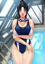 Rule 34 | 1girl, black hair, blush, breasts, competition swimsuit, highres, large breasts, long hair, looking at viewer, mature female, one-piece swimsuit, original, pool, rei no pool, school swimsuit, solo, swimming goggles, swimsuit, xter