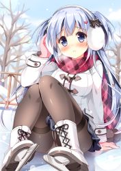 Rule 34 | 1girl, arm support, bare tree, black bow, black pantyhose, black skirt, blue eyes, blue hair, blue skirt, blurry, blush, bokeh, boots, bow, breasts, breath, closed mouth, coat, cold, commentary request, cross-laced footwear, crotch seam, depth of field, duffel coat, earmuffs, frown, gloves, grey pantyhose, hair bow, hair ornament, head tilt, heart, heart hair ornament, ice, ice skates, ice skating, lace-up boots, long hair, long sleeves, looking at viewer, medium breasts, miniskirt, original, outdoors, pan (mimi), panties, panties under pantyhose, pantyhose, pantyshot, photoshop (medium), pink gloves, pink panties, plaid, plaid scarf, pom pom (clothes), railing, scarf, sitting, skates, skating, skirt, snow, snowing, solo, thighband pantyhose, tights day, tree, two side up, underwear, upskirt, very long hair, white footwear, winter