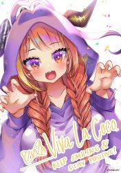 Rule 34 | 1girl, animal costume, artist name, braid, commentary, dragon costume, dragon girl, dragon hood, dragon horns, english commentary, highres, hololive, hood, hood up, horns, kimgaby, kiryu coco, looking at viewer, open mouth, orange hair, twin braids, virtual youtuber