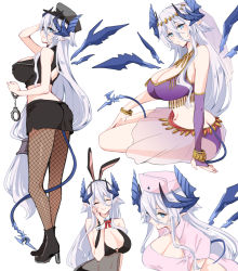 Rule 34 | 1girl, animal ears, armlet, asazuki norito, ass, back cutout, bandeau, bare shoulders, blue eyes, bow, bowtie, breasts, closed eyes, clothing cutout, commission, covered navel, cuffs, dancer, dragon girl, dragon horns, dragon tail, dragon wings, elbow gloves, fake animal ears, fishnets, gloves, handcuffs, harem outfit, hat, horns, large breasts, long hair, mole, mole under mouth, multiple views, nurse, nurse cap, original, pantyhose, pencil skirt, pixiv commission, pointy ears, police, police hat, police uniform, policewoman, ponytail, rabbit ears, scales, short sleeves, silver hair, single elbow glove, single glove, skirt, smile, tail, uniform, veil, wings