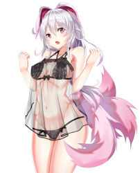 Rule 34 | 1girl, absurdres, animal ears, babydoll, black bra, black panties, blush, bow, bow bra, bra, breasts, cleavage, fang, gatari, highres, honkai (series), honkai impact 3rd, lace, lace-trimmed bra, lace trim, lingerie, long hair, looking at viewer, lowleg, medium breasts, navel, open mouth, panties, red eyes, see-through, solo, standing, tail, theresa apocalypse, theresa apocalypse (sakuno rondo), underwear, w arms, white background, white hair