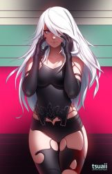 Rule 34 | bad id, bad twitter id, bare shoulders, black gloves, black shorts, black thighhighs, blue eyes, breasts, camisole, closed mouth, collarbone, cowboy shot, elbow gloves, gloves, hair over one eye, joints, lips, long hair, medium breasts, mole, mole under mouth, nier (series), nier:automata, robot joints, short shorts, shorts, solo, thighhighs, tsuaii, very long hair, white hair, a2 (nier:automata)