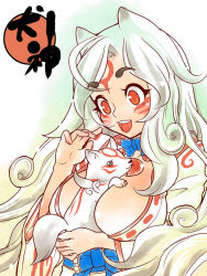 Rule 34 | 1girl, :d, amaterasu (ookami), animal, animal between breasts, animal ears, between breasts, bodypaint, breasts, capcom, chibiterasu, cleavage, facial mark, japanese clothes, jewelry, kimono, large breasts, long hair, necklace, ookami (game), ookamiden, open mouth, orange eyes, personification, smile, tsuutenkaaku, white hair, wolf, wolf ears