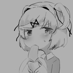 Rule 34 | 1girl, banana, banana peel, biting, blush, doki doki literature club, eating, embarrassed, eyebrows, eyebrows hidden by hair, food, fruit, grey background, hair ornament, hair ribbon, half-closed eyes, holding, holding food, looking to the side, monochrome, natsuki (doki doki literature club), no nose, pettankon, portrait, ribbon, shirt, short hair, sidelocks, simple background, solo, sweatdrop, two side up, x hair ornament