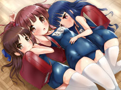 Rule 34 | &gt;:(, 3girls, :o, arm up, ass, backpack, bag, bare arms, bare shoulders, blue bow, blue hair, blue one-piece swimsuit, blunt bangs, blush, bow, breasts, brown eyes, brown hair, child, closed mouth, collarbone, commentary request, covered navel, flat chest, frown, girl sandwich, hair bow, half updo, highres, idolmaster, idolmaster cinderella girls, kuroba aki, long hair, looking at viewer, looking to the side, lying, medium breasts, multiple girls, name tag, ogata chieri, old school swimsuit, on back, on floor, on side, one-piece swimsuit, parted bangs, parted lips, randoseru, red eyes, sajo yukimi, sandwiched, school swimsuit, smile, swimsuit, tachibana arisu, thighhighs, twintails, very long hair, white legwear