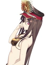 Rule 34 | 1girl, bikini, breasts, brown hair, cleavage, dutch angle, fate/grand order, fate (series), hat, long hair, looking at viewer, medium breasts, ningen (ningen96), oda nobunaga (fate), oda nobunaga (koha-ace), oda nobunaga (swimsuit berserker) (fate), oda nobunaga (swimsuit berserker) (second ascension) (fate), peaked cap, red eyes, sideboob, solo, swimsuit, upper body, white background