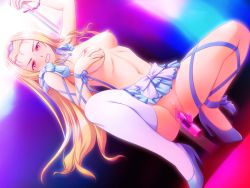 Rule 34 | 1girl, ail soft, angry, arms up, blonde hair, blush, breasts, censored, clenched teeth, dildo, feet, game cg, high heels, legs, long hair, looking at viewer, nagumo yuuna, navel, nipples, pole dancing, pussy, red eyes, ribahara aki, sex toy, skirt, solo, squatting, teeth, thighs, topless, white legwear