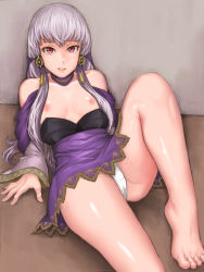 Rule 34 | 1girl, barefoot, breasts, dress, fire emblem, fire emblem: three houses, hair ornament, highres, long hair, long sleeves, lying, lysithea von ordelia, nintendo, nipples, on back, panties, parted lips, pink eyes, pocari66, small breasts, solo, tearing up, underwear, white hair, white panties