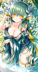 Rule 34 | 1girl, breasts, cleavage, collarbone, dragon girl, dragon horns, fate/grand order, fate (series), green hair, green kimono, highres, horns, japanese clothes, kimono, kiyohime (fate), large breasts, long hair, looking at viewer, morizono shiki, multiple horns, obi, off shoulder, sash, solo, thighhighs, white thighhighs, wide sleeves, yellow eyes
