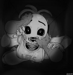 Rule 34 | 1boy, 1girl, angry, apron, bird girl, breasts, disembodied limb, finger in another&#039;s mouth, five nights at freddy&#039;s, five nights at freddy&#039;s 2, greyscale, highres, joints, looking at viewer, mechanical parts, medium breasts, monochrome, open mouth, pov, robot, robot joints, sharp teeth, sweat, sweatdrop, teeth, toy chica, ventilation shaft, waa153