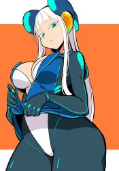 Rule 34 | 1girl, blue dress, blue eyes, bodysuit, breasts, cleavage, clothes lift, commentary request, dress, electro emilia, headgear, hime cut, holding, ken (koala), large breasts, lifted by self, long hair, long sleeves, looking at viewer, microdress, neon trim, original, parted lips, sidelocks, simple background, skin tight, skirt, skirt lift, solo, white hair