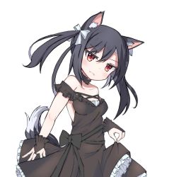 Rule 34 | 1girl, animal ears, azur lane, bare shoulders, black dress, black hair, bow, bridal gauntlets, collarbone, commentary request, detached sleeves, dress, frilled dress, frills, haemori ako, hair between eyes, hair bow, hair ribbon, highres, jitome, long hair, looking at viewer, official alternate costume, red eyes, ribbon, shigure (azur lane), shigure (the ballroom&#039;s lucky star) (azur lane), sidelocks, simple background, smile, solo, strapless, strapless dress, tail, twintails, white background, wolf ears, wolf girl, wolf tail