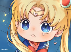 Rule 34 | 1girl, :&lt;, artist name, bishoujo senshi sailor moon, blonde hair, blue eyes, blue sailor collar, blush, chibi, choker, closed mouth, commentary, crescent, crescent earrings, derivative work, diadem, earrings, eyelashes, hair over shoulder, heart, heart choker, jewelry, jiyuu (xjuyux), long hair, meme, parted bangs, raised eyebrows, red choker, sailor collar, sailor moon, sailor moon redraw challenge (meme), screenshot redraw, solo, sparkle, twintails, upper body