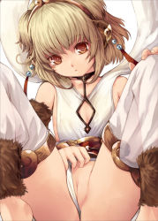Rule 34 | 10s, 1girl, andira (granblue fantasy), animal ears, bare shoulders, barefoot, blonde hair, brown eyes, cleavage cutout, clothing cutout, earrings, erune, granblue fantasy, jewelry, kirishima satoshi, looking at viewer, lying, monkey ears, pussy, shawl, solo, thighhighs, thighs, white thighhighs