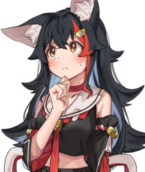 Rule 34 | 1girl, animal ear fluff, animal ears, black hair, blush, brown eyes, commentary request, daichi (daichi catcat), detached sleeves, hair ornament, highres, hololive, long hair, long sleeves, looking up, multicolored hair, necktie, ookami mio, ookami mio (1st costume), red hair, sailor collar, simple background, solo, stomach, streaked hair, upper body, virtual youtuber, white background, wolf ears, wolf girl