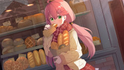 Rule 34 | 1girl, ame., bag, bread, brown jacket, closed mouth, commentary request, eating, food, green eyes, hair between eyes, highres, holding, holding food, hololive, jacket, long hair, long sleeves, low twintails, open clothes, open jacket, paper bag, pink hair, plaid, plaid scarf, plaid skirt, puffy long sleeves, puffy sleeves, red scarf, red skirt, sakura miko, sakura miko (casual), scarf, skirt, sleeves past wrists, solo, twintails, very long hair, virtual youtuber, window
