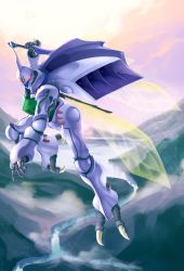 Rule 34 | absurdres, dunbine, fantasy, flying, highres, holding, holding sword, holding weapon, insect wings, lake, mecha, mountain, no humans, open hand, red eyes, robot, seisenshi dunbine, solo, strictly mecha, sword, unfinished, weapon, wings