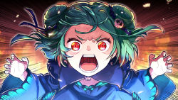 Rule 34 | 1girl, animal print, blue dress, blue hair, butterfly print, claw pose, commentary, double bun, dress, emphasis lines, fire, flat chest, gradient hair, green hair, hair bun, hair ornament, highres, hololive, leaning forward, looking at viewer, multicolored hair, open mouth, red eyes, sakino shingetsu, short hair, shouting, skull hair ornament, solo, teeth, two-tone hair, upper body, uruha rushia, uruha rushia (1st costume), virtual youtuber, wide sleeves