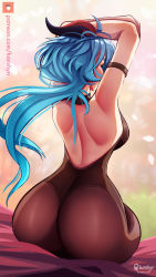 Rule 34 | 1girl, ahoge, ass, bare shoulders, blue hair, bodysuit, breasts, from behind, ganyu (genshin impact), genshin impact, goat horns, hanshyn, highres, horns, huge ass, large breasts, leotard, long hair, looking away, pantyhose, shiny clothes, shiny skin, sideboob, sitting, solo, very long hair, waking up