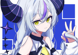 Rule 34 | 1girl, absurdres, bare shoulders, closed mouth, highres, hololive, horns, la+ darknesss, looking at viewer, nail polish, nanashnojo, ok sign, virtual youtuber, white hair, yellow eyes