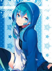 Rule 34 | 1girl, black thighhighs, blue eyes, blue hair, ene (kagerou project), headphones, hood, hooded jacket, hoodie, hutuumikan, jacket, kagerou project, long hair, looking at viewer, revision, skirt, smile, solo, thighhighs, twintails, vocaloid, yamaha, zettai ryouiki, zipper